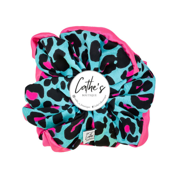 Satin Scrunchie  Multicoloured  Animal print Sapphire Blue & Fuchsia Double Faced