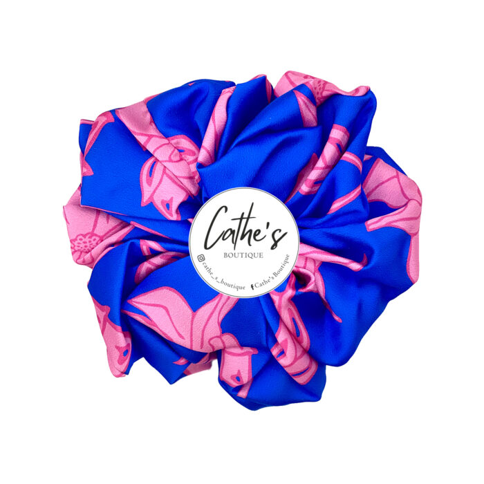 Satin Scrunchie  Multicoloured Azure Blue with Fuchsia Flowers