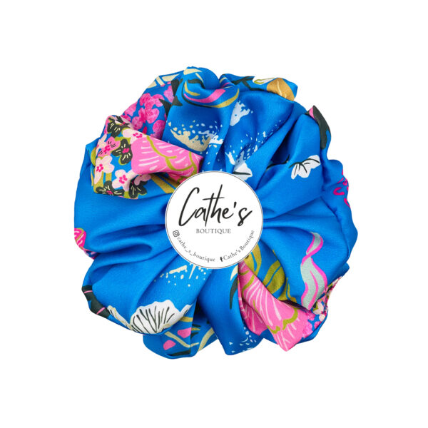 Satin Scrunchie  Multicoloured  Cerulean Blue with pink flowers