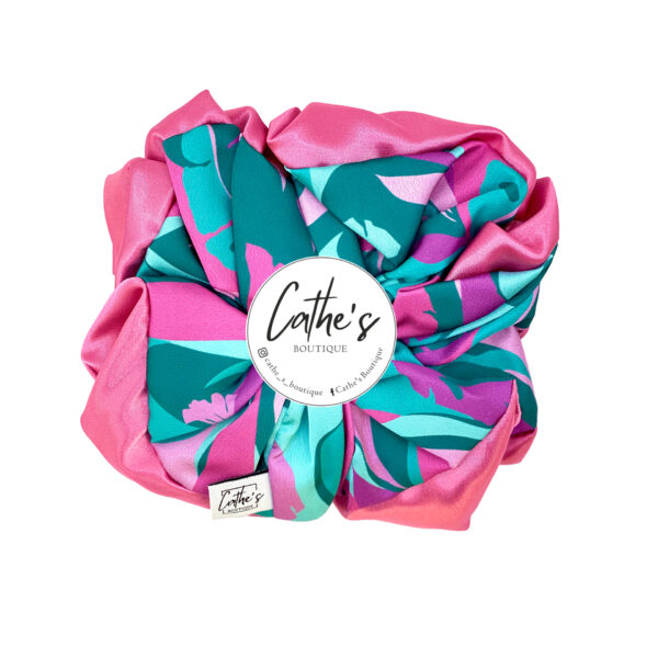 Satin Scrunchie  Multicoloured Tropical Turquoise & Fuchsia Double Faced