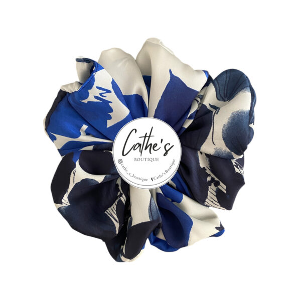 Satin Scrunchie  Multicoloured  White with Blue Flowers