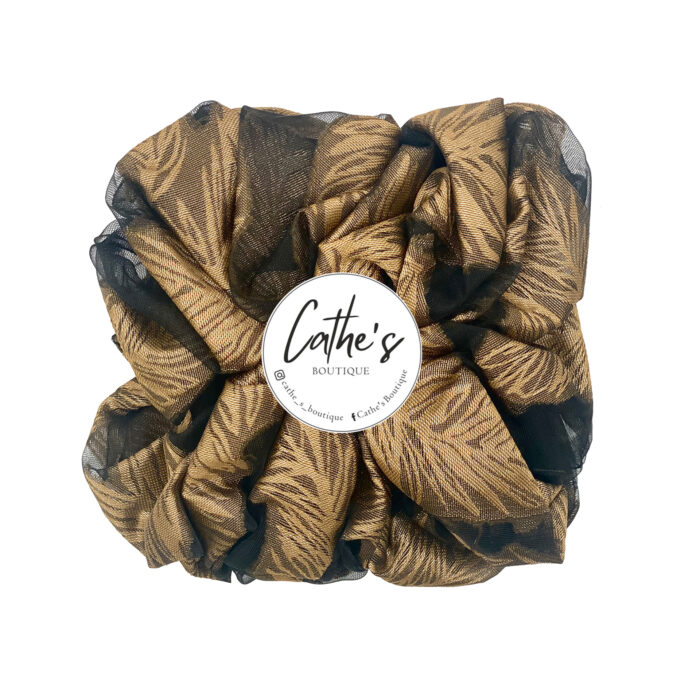 Organza Scrunchie Black with Gold Leaves