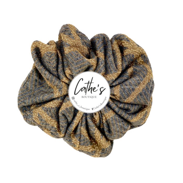 Wool Scrunchie Grey with Gold Stripes