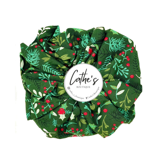 Cotton Scrunchie CHRISTMAS Emerald Green with mistletoe