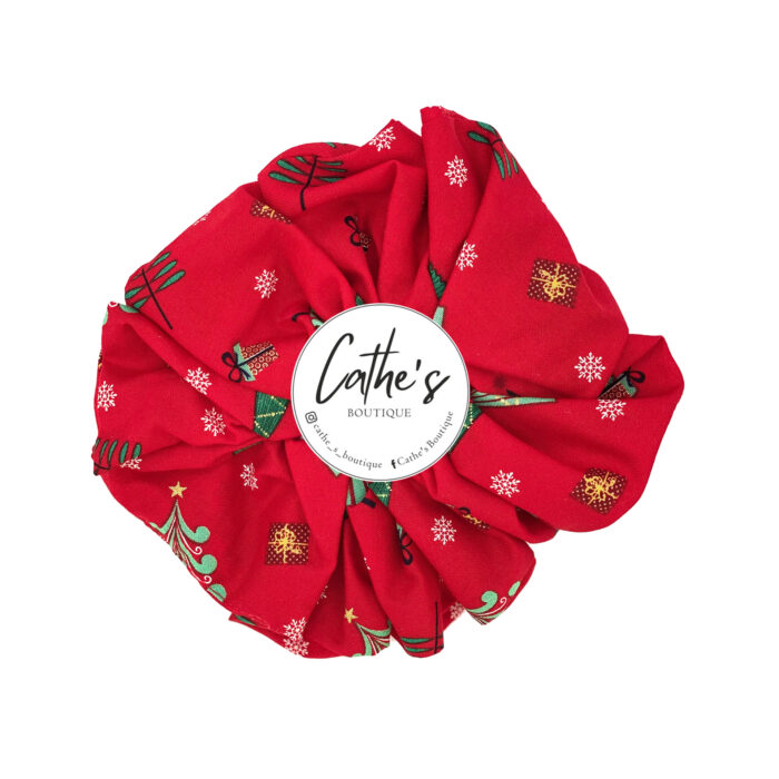 Cotton Scrunchie CHRISTMAS Red with christmas trees