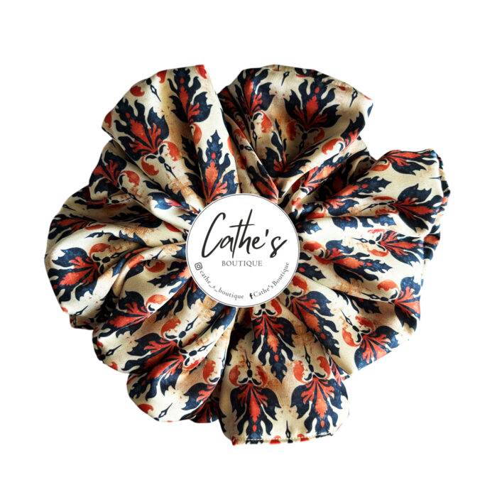 Satin Scrunchie  Multicoloured Vintage Baroque Floral Motif Beige & Orange