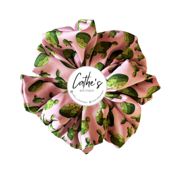 Satin Scrunchie Multicoloured Baby Pink Cactus