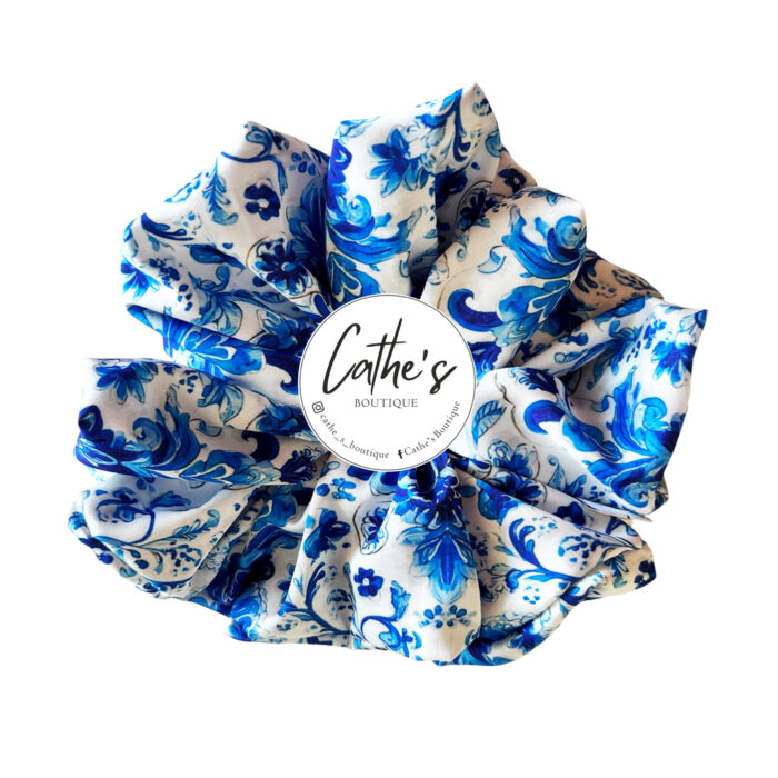 Satin Scrunchie Multicoloured Blue and White Vintage Design