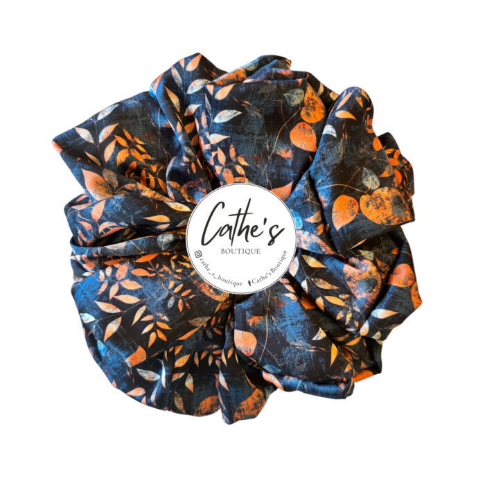 Satin Scrunchie Multicoloured Blue with Orange Leaves