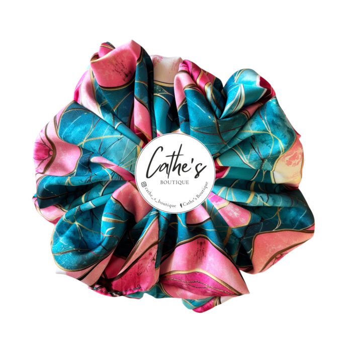 Satin Scrunchie Multicoloured Fuchsia and Ocean Curly Lines
